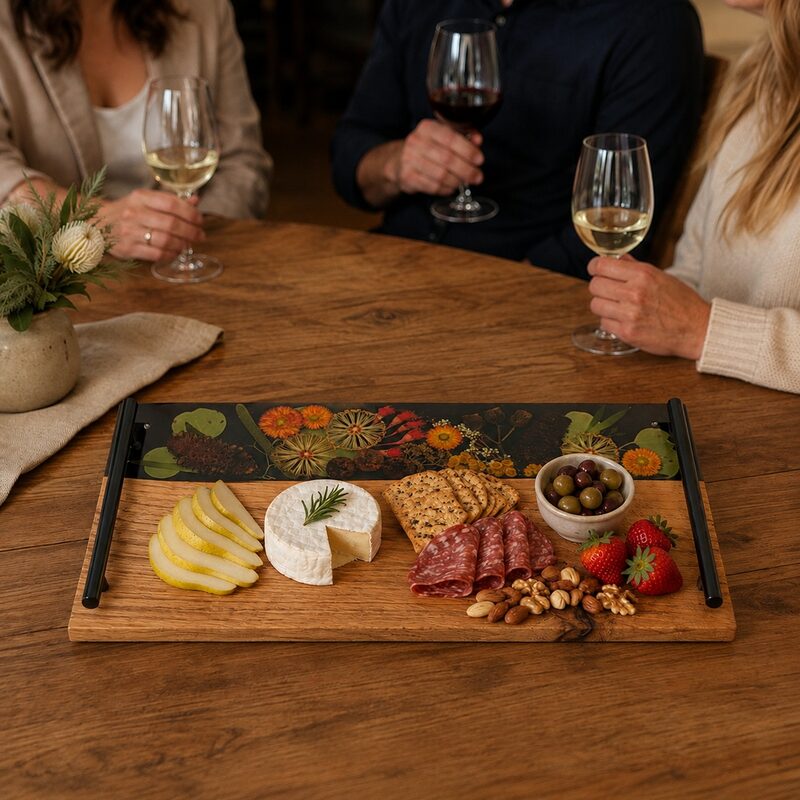 Friends entertaining with a handmade Australian timber and botanical resin grazing board in a warm home.