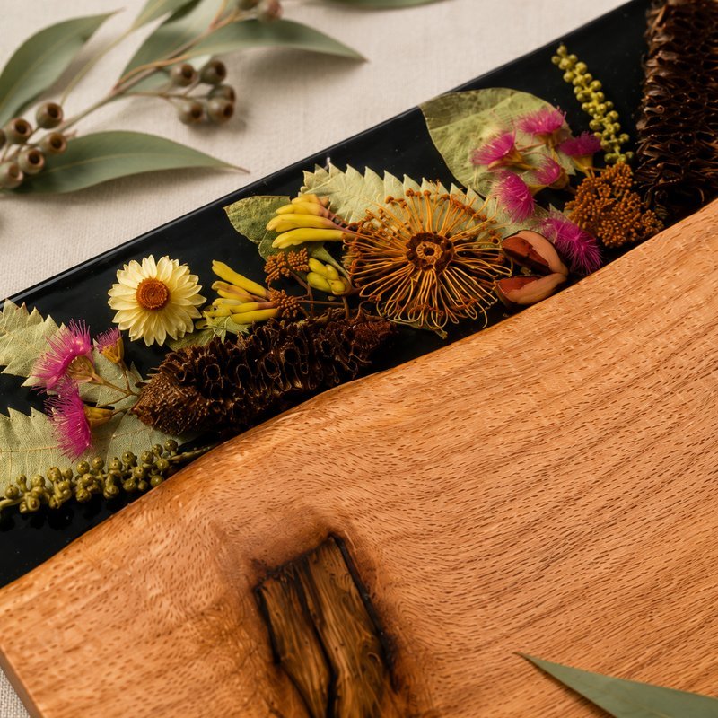 beautiful timber resin board set with native Australian flowers