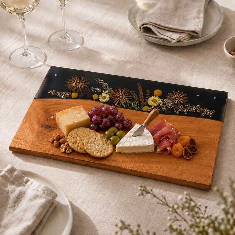 Australian botanical timber and resin serving platter naturally styled with cheese, crackers, cured meat, grapes, olives and nuts.