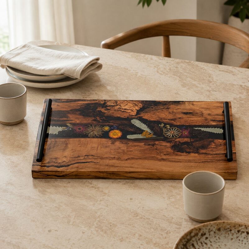 Handmade timber and botanical resin serving board displayed flat in a warm contemporary Australian home.