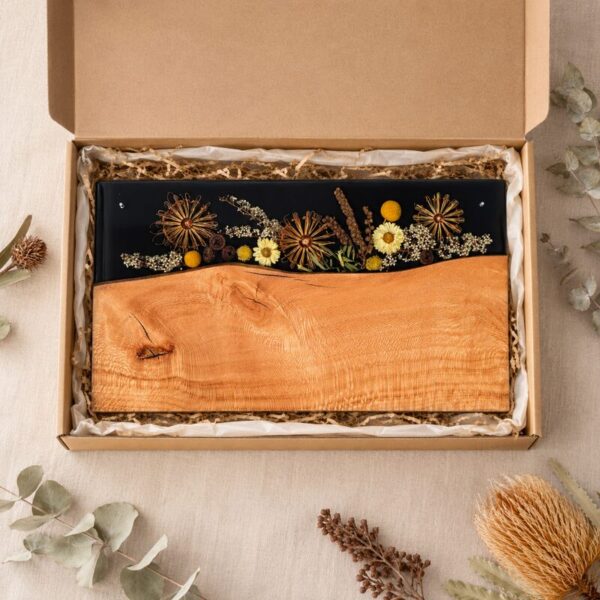 Australian native botanical timber and resin serving platter presented inside a fitted natural kraft gift box.