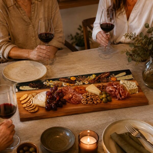 Friends entertaining with a large Australian botanical serving board and naturally arranged grazing food.