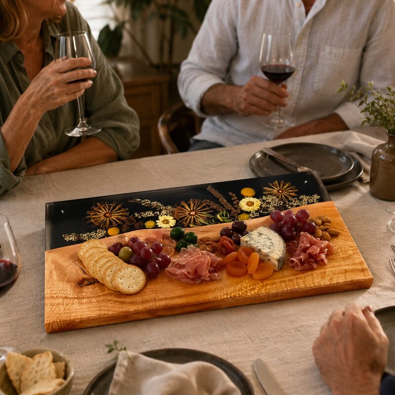 Friends entertaining around an Australian botanical serving platter styled with cheese, crackers, cured meat, fruit and nuts.