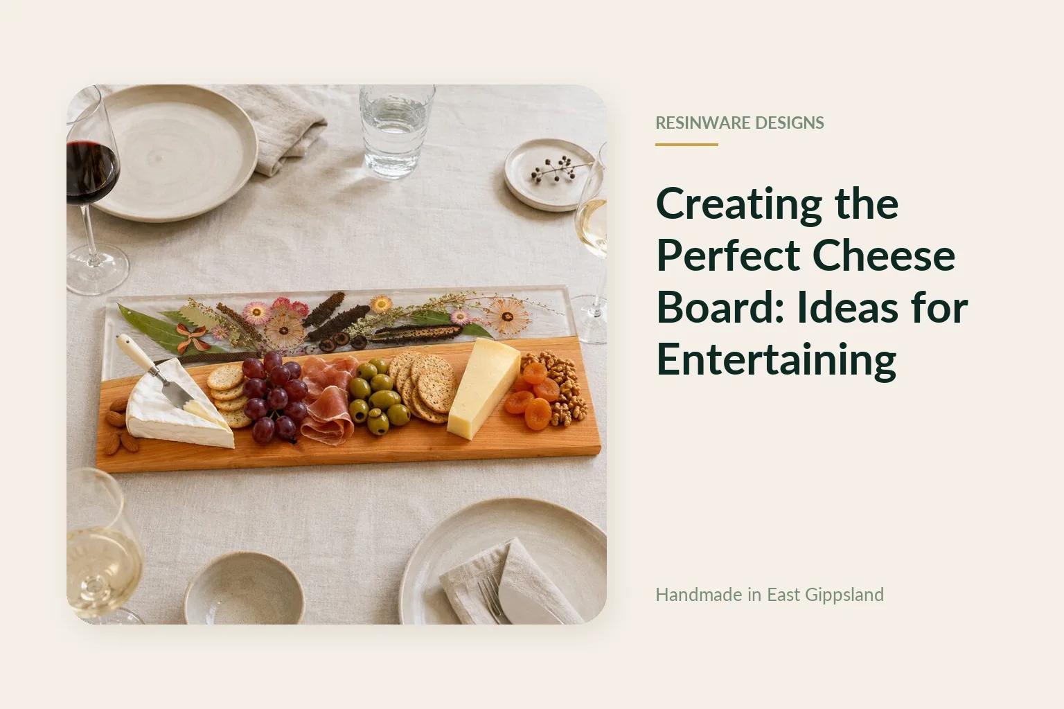 Resin cheese board set with cheese, crackers, fruit and olives for entertaining