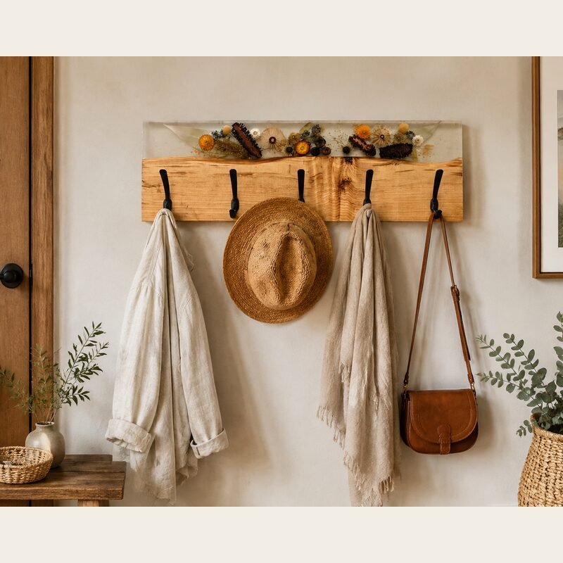 Timber and botanical resin coat rack styled with a linen jacket, woven hat, scarf and leather bag.