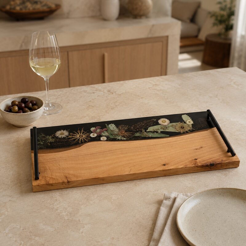 Styled in an Australian home Large handcrafted timber and dark botanical resin serving board displayed flat on a stone island in a warm Australian kitchen.