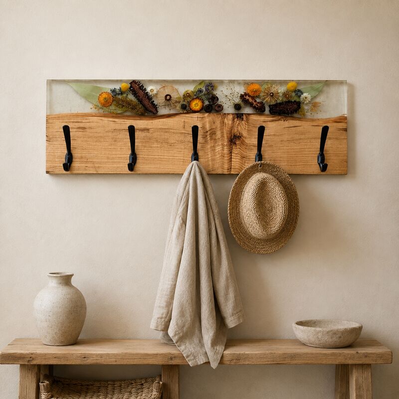 Handcrafted five-hook timber and botanical resin coat rack in a contemporary Australian entryway.