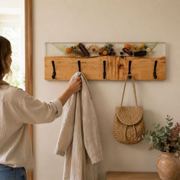 Woman hanging a linen coat on a handcrafted timber and botanical resin coat rack in a warm Australian home.