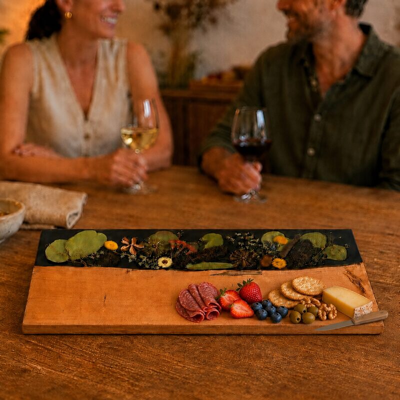 Large botanical resin grazing board used for relaxed entertaining around an Australian dining table.
