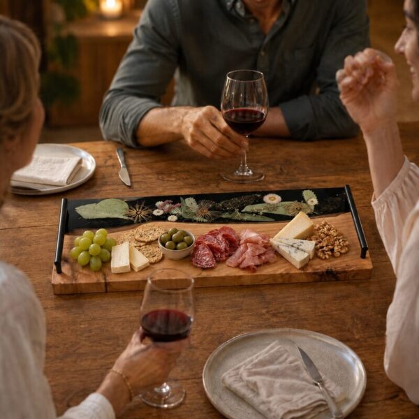 Lifestyle entertaining Friends enjoying wine and a grazing selection served on a large Australian timber and botanical resin board.