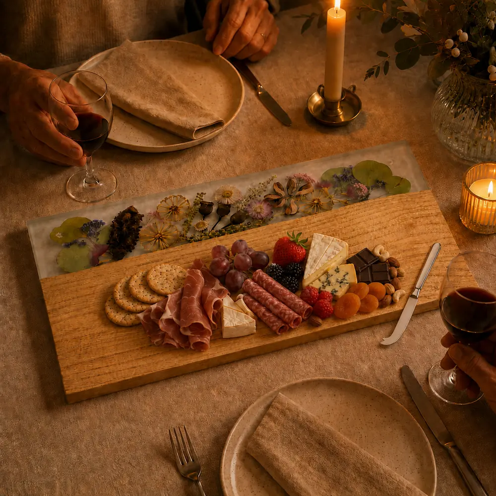 “Handcrafted Australian botanical serving board with meats, cheeses, fruit and wine at a romantic anniversary dinner for two.”