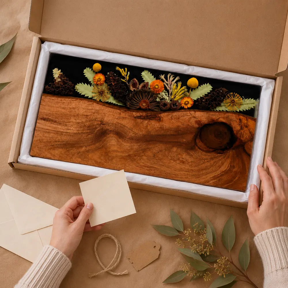 resinware-designs-australian-gifts-for-overseas-category-tile “Handcrafted Australian timber and botanical resin serving board in a kraft gift box with native eucalyptus and a gift card.”