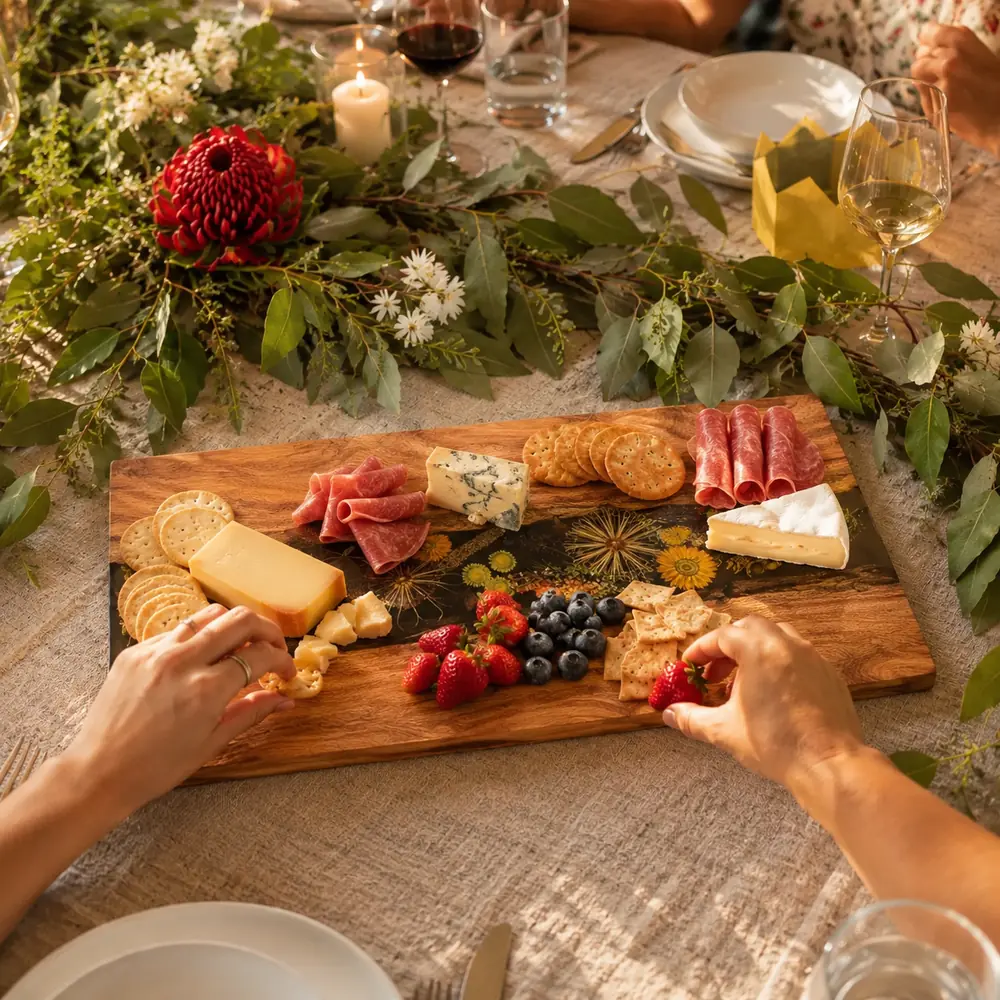 “A 450 × 250 mm handcrafted Australian timber and native botanical resin serving board styled with cheese, cherries, eucalyptus and a red waratah for Christmas.”
