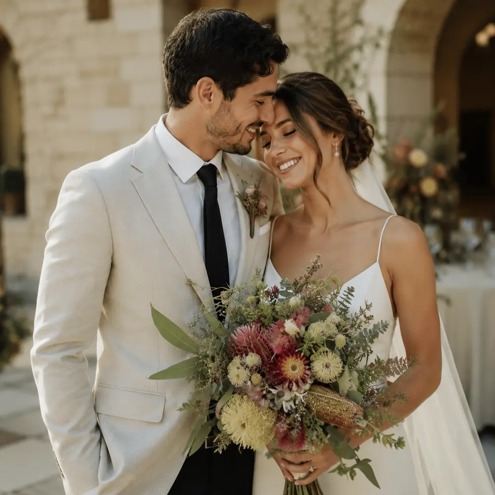 gifts-for-mum-resinware Smiling newly married couple holding a bouquet of waratahs, banksia, eucalyptus and other Australian native flowers at an elegant wedding venue.