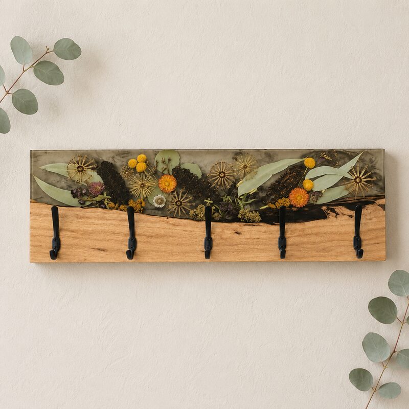 Handcrafted Australian timber and botanical resin coat rack with five black hooks, ideal as a unique housewarming gift.