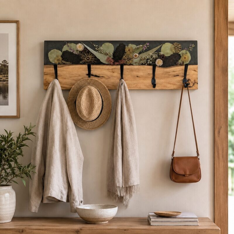 Timber and botanical resin coat rack styled with a linen jacket, woven hat, scarf and leather handbag.