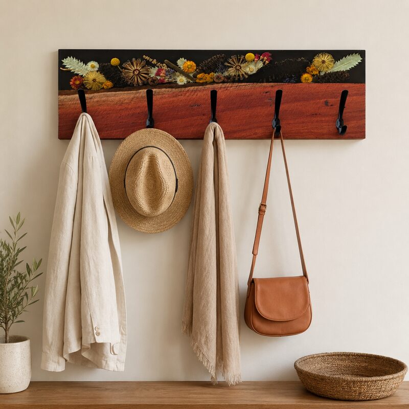 Australian red gum botanical coat rack styled with a linen jacket, hat, scarf and leather handbag.