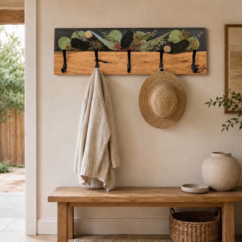 Five-hook timber and botanical resin coat rack displayed in a contemporary Australian home entryway.
