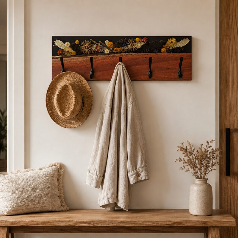 Handmade Australian red gum and resin coat rack displayed in a warm home entryway as a unique housewarming gift.