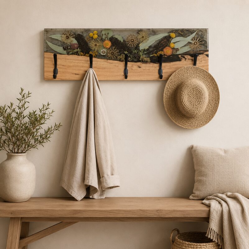 Handmade timber and botanical resin coat rack displayed in an Australian home, perfect for a housewarming gift.