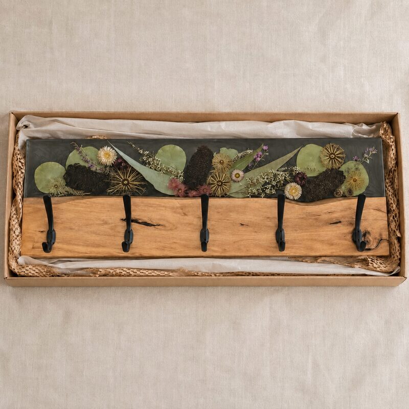 Handcrafted Australian timber and botanical resin coat rack presented in a natural kraft gift box.