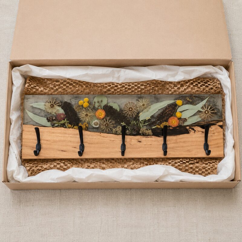 Australian timber and botanical resin coat rack presented in a kraft gift box for a wedding or housewarming gift.