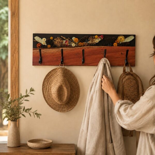 Woman using a handcrafted Australian red gum and botanical resin coat rack in a contemporary home.