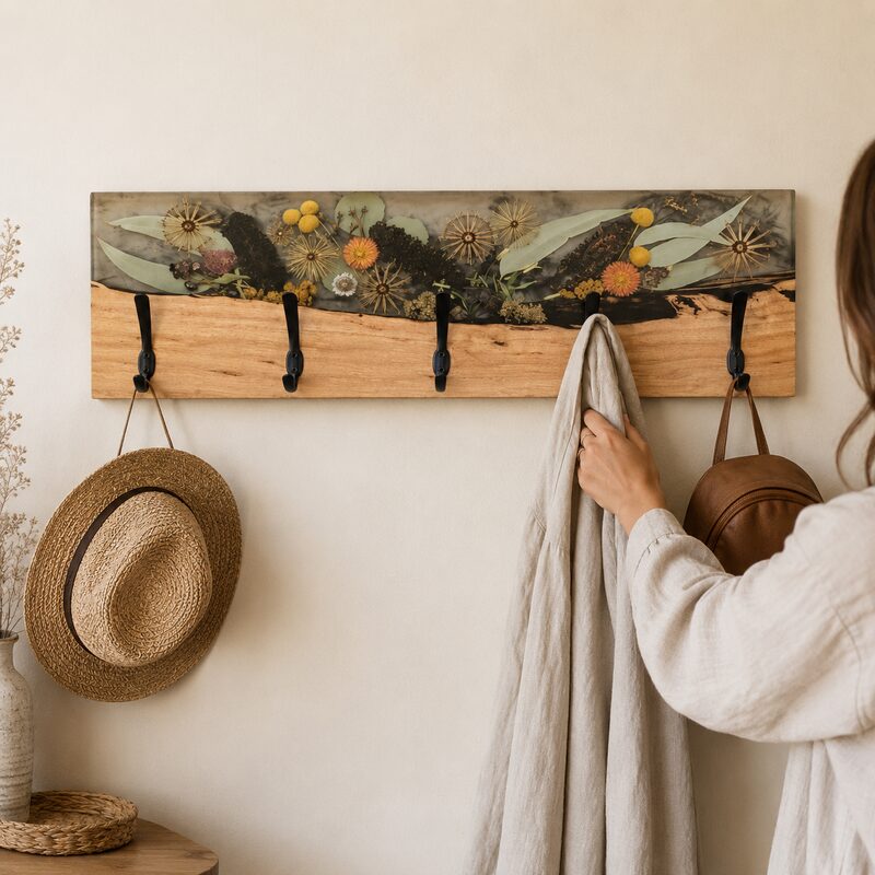Woman using a handcrafted Australian timber and botanical resin coat rack in a contemporary home.