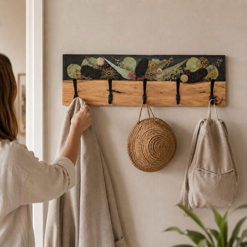 Woman hanging a linen coat on a handcrafted timber and botanical resin coat rack in an Australian home.