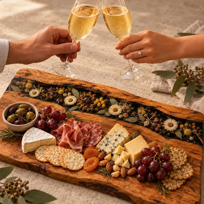 gifts-for-mum-resinware Engaged couple toasting with champagne over a handcrafted timber and botanical resin grazing board.
