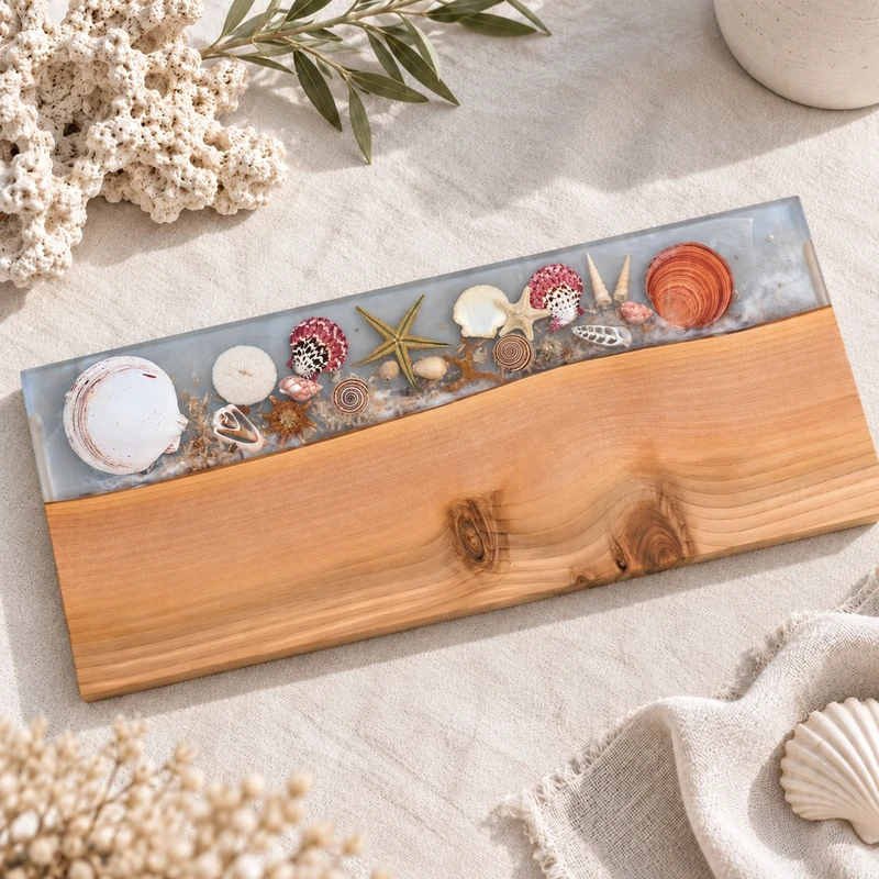 Large Coastal Tide timber and pale blue resin serving board with embedded seashells and starfish on ivory linen.