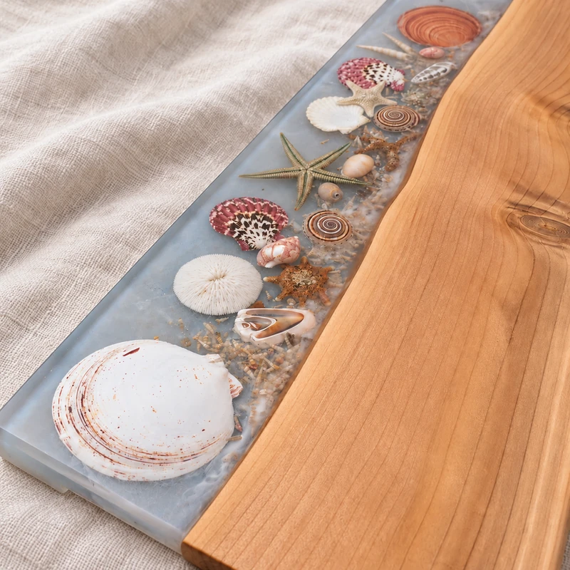 02-Coastal-Tide-Large-Serving-Board-Shell-Detail.webp Close-up of seashells, starfish and a white sea urchin embedded in pale blue resin beside natural timber grain.