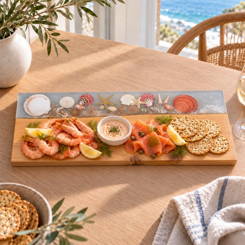 Coastal Tide serving board with brie, crackers and strawberries on a beachside dining table.