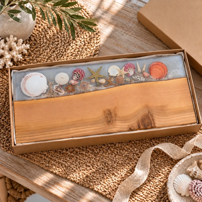 Coastal Tide timber and seashell resin serving board nestled in white tissue paper inside a kraft gift box.