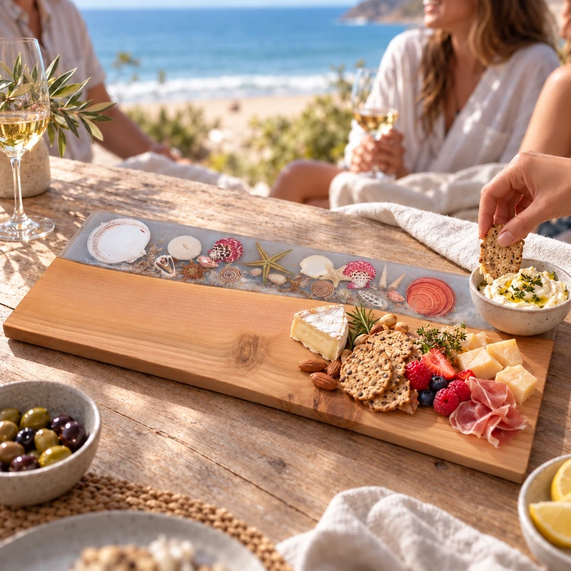 06-Coastal-Tide-Large-Serving-Board-Entertaining.webp Friends sharing a coastal grazing spread, with a hand dipping a cracker beside the shell-filled resin serving board.