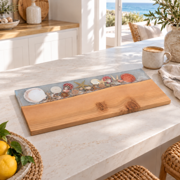 Large Coastal Tide serving board on a bright kitchen island beside a coffee mug, with ocean views beyond.